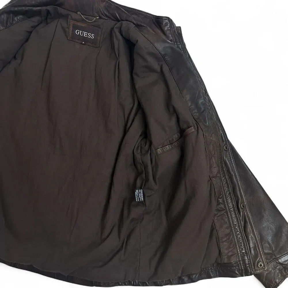 GUESS Brown Leather Moto Field Jacket XL – Genuine Leather – Rare 11PLA1001